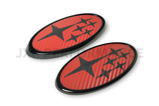 JXR Performance Front And Rear Red Carbon Fiber Style Emblems [2015-2021 WRX/STI]